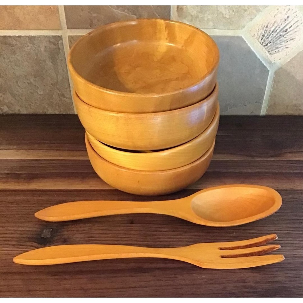 Vintage Wolverine Grand Rapids Wood Salad Bowl Set 7pc Cottagecore Farmhouse MCM - Picture 7 of 16